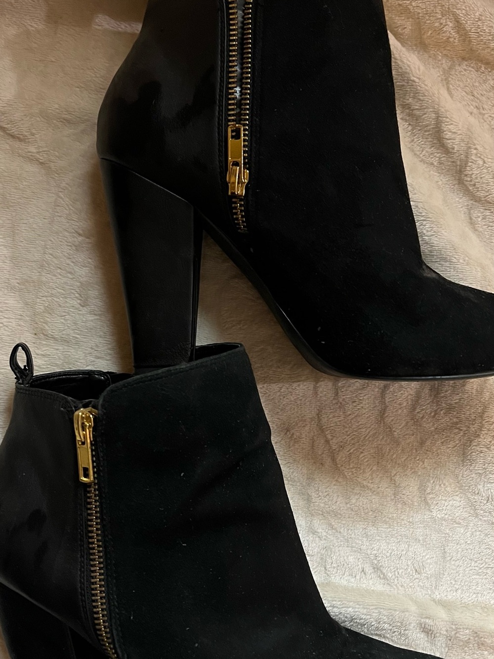 Steve Madden Black Suede Gold-Zip Block Heel Ankle Boots